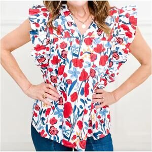Entro Red Flowers Pintuck Detail V-Neck Ruffled Sleeve Top, Large